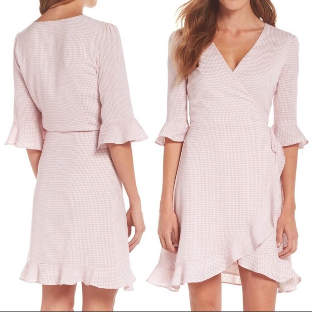 First Monday Pink Gingham Ruffle Wrap Dress Small Coquette